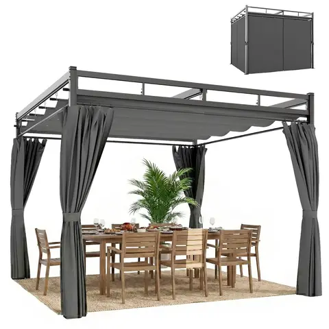 Outsunny 3 x 3 m Pergola with Retractable Roof Canopy and Curtains, UPF30+ Metal Frame Garden Pergola Gazebo Sun Shade Shelter for Grill, Patio, Deck, Dark Grey