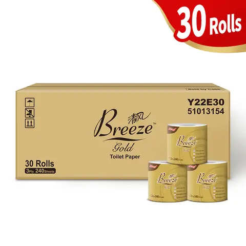 BREEZE GOLD Toilettenpapier 3-lagig 240 Blatt x 30 Rollen insgesamt 7200 Blatt weich & hautfreundlich spülbar für Badezimmer Familie Großpackung