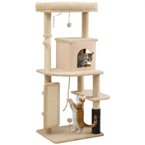 PawHut Cat Tree for Indoor Kittens, 132cm Cat Tower with Scratching Posts and Pad, Bed, House, Jumping Platform, Grooming Brush, Toy Balls, Anti-Tip Kit, Cat Climbing Frame, Beige