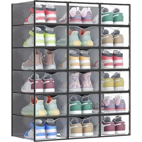 SONGMICS Schuhboxen, Schuh-Organizer aus Kunststoff, mit Tür, durchsichtig, 18er Set, stapelbar, einfache Montage, 33,2 x 23 x 14,5 cm, für Schuhe bis Größe 43, transparent-tintenschwarz LSP318B01