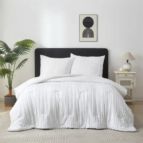 Meeallhome  Comforter Set Vertical Stripes Cut Bedding set 135*200cm/50*75cm*1  White
