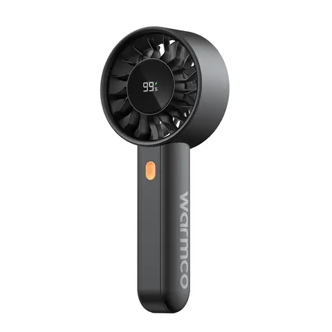 Warmco HC2 Ventilateur à main batterie rechargeable 5000 mAh mini ventilateur portable batterie 5000 mAh, flux d'air 9 m/s, 4 vitesses, affichage LED, USB-C, couvercle avant amovible, design compact Noir