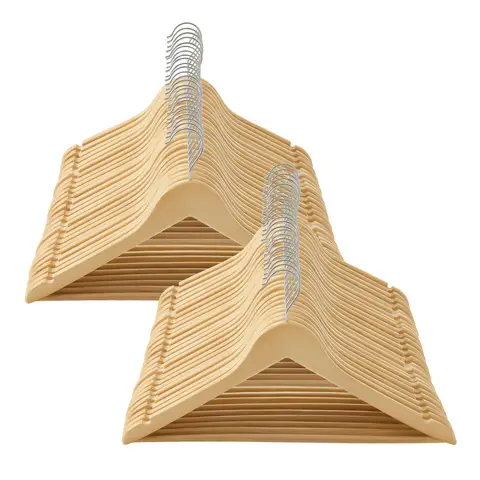 SONGMICSHOME  Solid Wood Hanger, Set of 50, with Shoulder Grooves, for Suits, Shirts, Coats, Natural and Silver