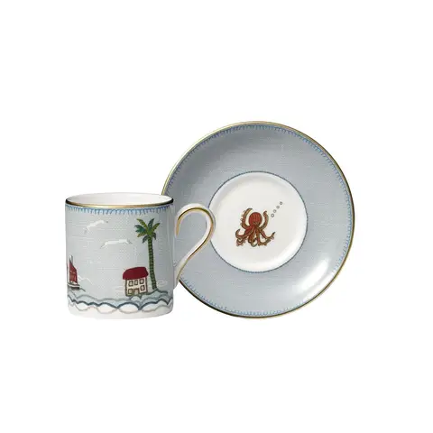 WEDGWOOD Kit Kemp Sailor's Farewell Fein Bone China Espressotasse & Untertasse Set mit 22K Gold, 100ml