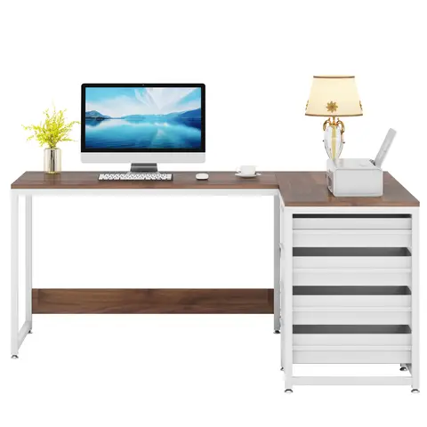 Tribesigns Desk with 4 Drawers, L-Shaped Computer Desk with 2 Shelves, Reversible Corner Desk for Office, Study, Living Room, 150 x 110 x 75 cm (Walnut & White)