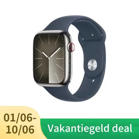 Apple Watch Series 9 GPS + mobiel 45 mm zilverkleurige roestvrijstalen behuizing met stormblauwe sportband - S/M