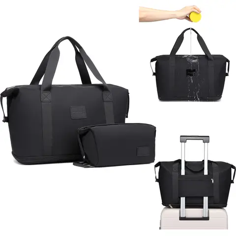 Travel Duffel Bag with Detachable Cosmetic Bag 36L, Expandable Overnight Weekend Bag, Dry & Wet Separated Sports Gym Bag, Water Resistant Carry On Hand Luggage, Unisex Hospital Tote for Women Men (Black)