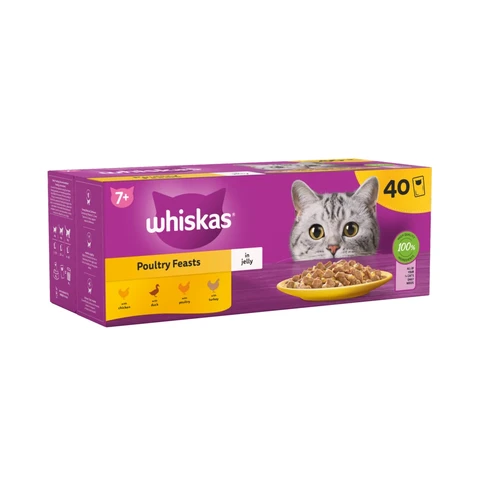 Whiskas 7+ Poultry Feasts Senior Wet Cat Food Pouches In Jelly 40 x 85g