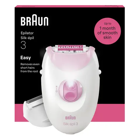 Braun Silk-épil 3, Corded Epilator for Hair Removal with Shaver Head Attachment, Shaver & Epilator, Weeks of Smooth Skin, 3-031, Pink