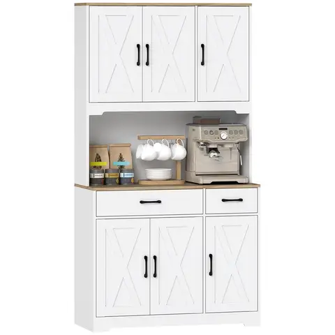 HOMCOM 175 cm Tall Kitchen Pantry Cabinet with Microwave Stand, Farmhouse Kitchen Hutch, Freestanding Pantry Cupboard with 2 Drawers, 2 Adjustable Shelves and Cable Management, White