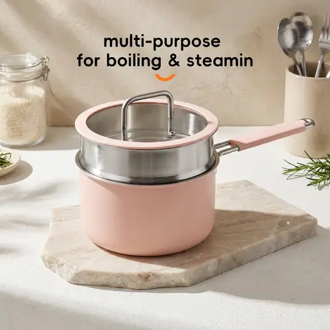 PURECOOK Gekleurde Keramisch Gecoate 316 RVS 2-Delig Melkkoker met Stoommandje Serie | 316 Melkkoker (Buitenkant: roze Keramische Coating, Binnenkant: 316 RVS), RVS Handgreep Omwikkeld met Silicoon, Oorloos Stoommandje, met Silicoon Glasdeksel