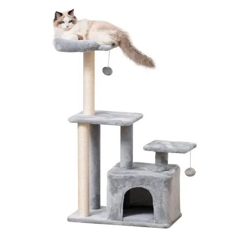 PawHut Cat Tree Tower for Indoor Cats 114cm Climbing Activity Centre Kitten with Sisal Scratching Post Perch Hanging Ball Condo Toy Light Grey