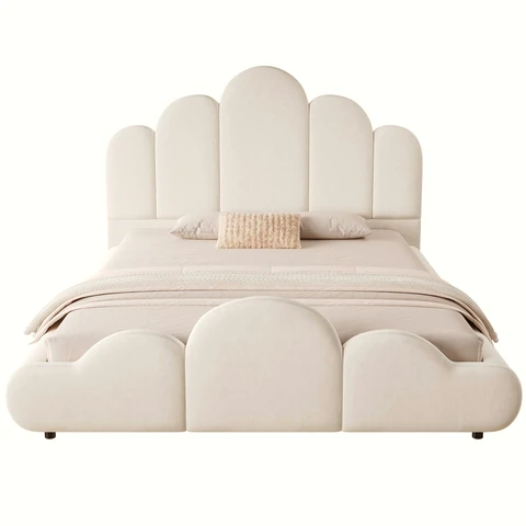Gewatteerd bed, eenpersoonsbed, kinderbed, met gewatteerd hoofdbord, afgeronde hoeken, fluweel, beige/roze 140 × 200 cm