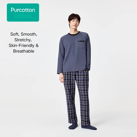 Men's Lustrous Cotton Top + Gauze Long Pants Loungewear Set,Twilight Blue,Top: UK 40 ( L); Bottom: UK 34 ( L)