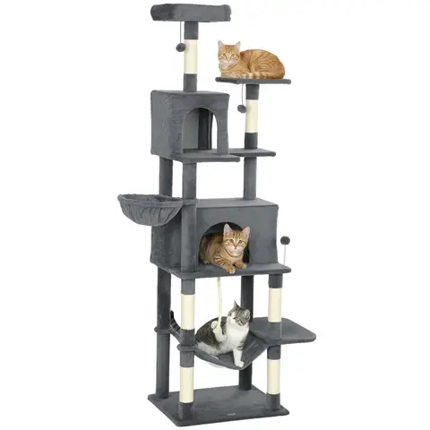 PawHut Cat Tree, 202cm Large Cat Tower for Indoor Kittens with 6 Scratching Posts, 2 Condos, 2 Perches, 2 Hammocks, Pompoms, Multi-Level Plush Kitty Activity Centre for Rest and Play, Dark Grey