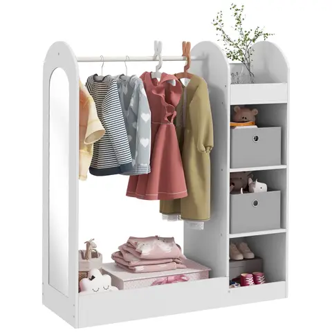 AIYAPLAY Kids Clothes Rail, Children Dress Up Storage with Storage Shelf, Boxes, Mirror, Kids Wardrobe for Bedroom White