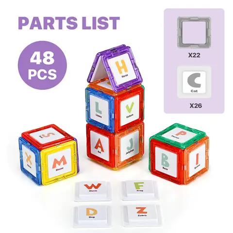 Tokky 48-Piece Magnetic Tiles Letter Recognition Theme Building Blocks Educational Toy Strong Magnetic Structure Safe ABS Material Learning and Play Combined CQ11