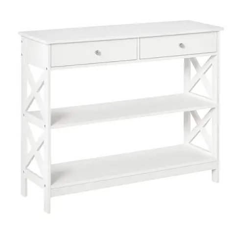 HOMCOM Console Table Side Desk w/ Shelves Drawers Open Top X Support Frame Living Room Hallway Home Office Furniture White