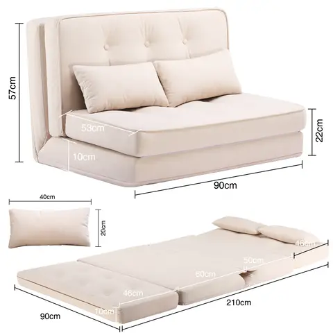 COMHOMA Klappsofa, 3-in-1 Schlafsofa mit 6-stufig verstellbarer Rückenlehne, Schlafsofa mit 2 Lendenkissen, geeignet für Wohnzimmer, Schlafzimmer und Camping, Beige