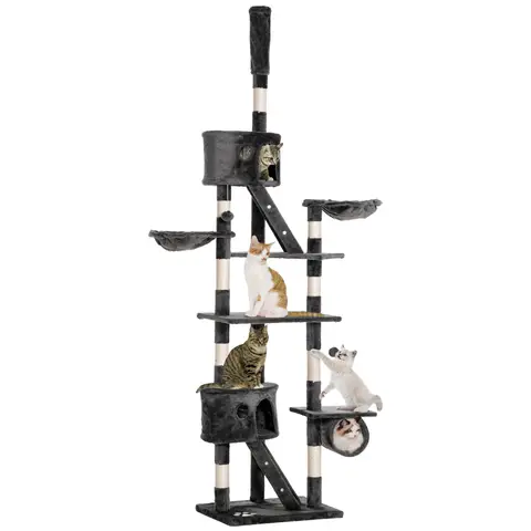 PawHut Floor to Ceiling Cat Tree, 240-260cm Adjustable Height Kitten Tower with Scratching Posts, Cat Houses, Ramps, Hammocks, Toy Balls, Tunnel for Indoor Use - Dark Grey