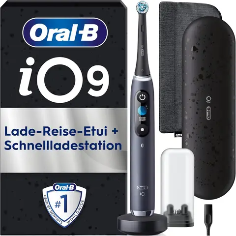 Oral-B iO Series 9 Luxe Edition Elektrische Zahnbürste, 7 Putzmodi, Zahnpflege, Farbdisplay, Lade-Reiseetui & Beauty Bag, Schwarz Onyx