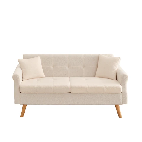 HONEYOU 164cm W Loveseat Sofa, Mid Century Modern Decor Love Seat Couches for Living Room, Button Tufted Upholstered Small Couch for Bedroom, Solid and Easy to Install Love Seats Furniture, Short-pile plush，Beige
