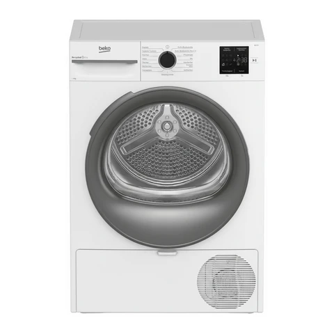 Beko BM3T38210W1 Wärmepumpentrockner mit NX Design, multifunktionales Display mit bis zu 24 Stunden Startverzögerung, voll elektronisch, elektronische Feuchtigkeitsmessung, Edelstahl-Trommel, 8 kg, Energieeffizienzklasse "E".