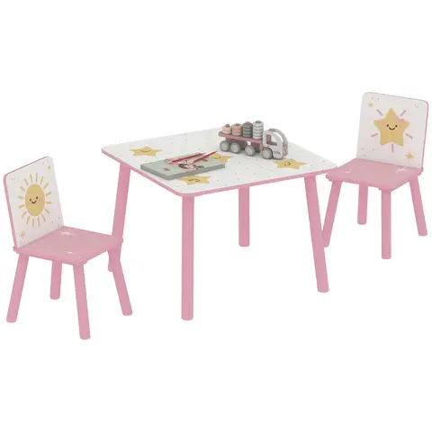 AIYAPLAY 3-Piece Kids Table and Chair Sets, Kids Table with 2 Chairs Set Furniture with Star Pattern for Boys and Girls, Bedroom, Nursery, Playroom, Pink