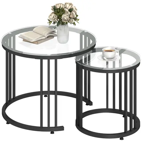 HOMCOM Nest of Tables, Round Coffee Tables Set of 2 with Tempered Glass Top and Steel Frame for Living Room, Black