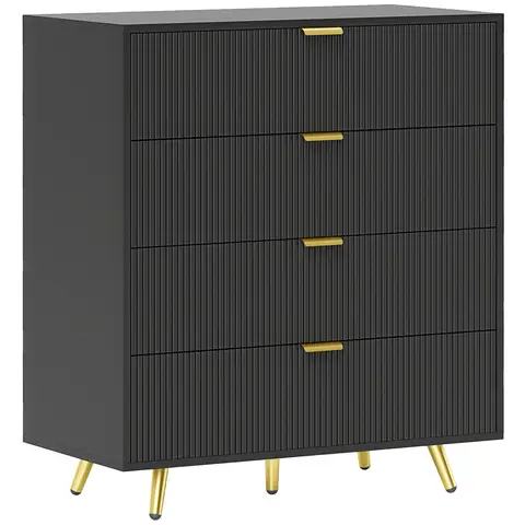 HOMCOM Bedroom Chest of Drawers with 4 Drawers, Fluted Dresser with Gold Tone Handles, Storage Cabinet Black