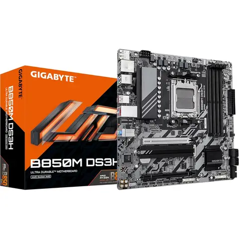 GIGABYTE B850M DS3H Mainboard - AMD Ryzen 9000 Serie CPUs, 8+2+2 Phasen Digital VRM, bis zu 8200MHz DDR5 (OC), 1xPCIe 5.0 + 1xPCIe 4.0 M.2, 2.5 LAN, USB 3.2 Gen 2