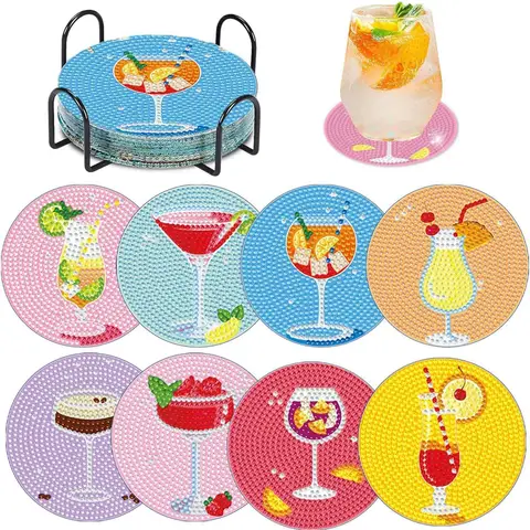 JU7CER 8-Piece Cocktail Diamond Painting Coaster Set - DIY Drink Coaster Craft for Adults | Non-Slip Housewarming Gift & Home Decor 4×4 Inches (10×10cm)