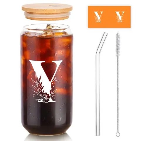 Alphynix 1 modernes Glas, 500ml hohes Eiskaffeeglas mit Monogramm "Y"-Design, Bambusdeckel & Strohhalm, Kaltgetränkebecher für Eistee, Saft, Boba,Geschenk zum valentinstag, geschenk zum geburtstag