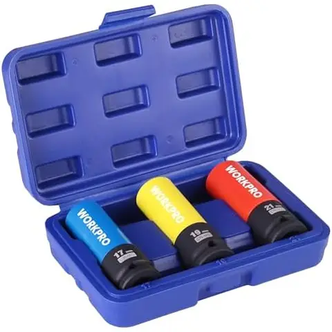 WORKPRO 1/2" Drive Lug Nut Impact Socket Set, 3 Pcs Thin Wall Nut Sockets, Metric Protective Wheel Nut Socket 17mm, 19mm, 21mm with Storage Box, Cr-Mo Steel Sockets for Impact Drill, Torque Wrench