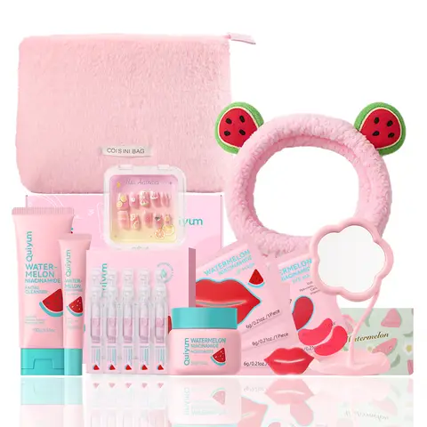 QUIYUM Watermelon Skincare Set (14pcs): Includes Cleanser 100g, Serum 2ml×10, Eye Cream 20g, Eye Masks 6g×3, Lip Masks 6g×3, Cream 50g, with a Headband, Nail Stickers, Makeup Mirror, and Makeup Bag.