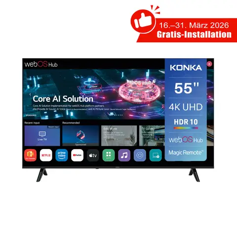 Konka 55 Zoll (139 cm) Smart TV - 4K UHD DLED, webOS TV, MEMC, HDR10, Dolby Audio, WLAN, Bluetooth, HDMI eARC, Google Cast & Airplay, Magic Remote & ThinQ AI-Sprachassistent, AI Sound, LG Channels, Tuner DVB-T/T2/C/S/S2, Gratis-Installation - UDG55HK684ANTS