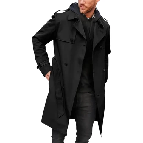 Men's Trench Coat Slim Fit Double Breasted Long Jacket Notched Lapel Belt Fall Windproof Coat (black, XXL)