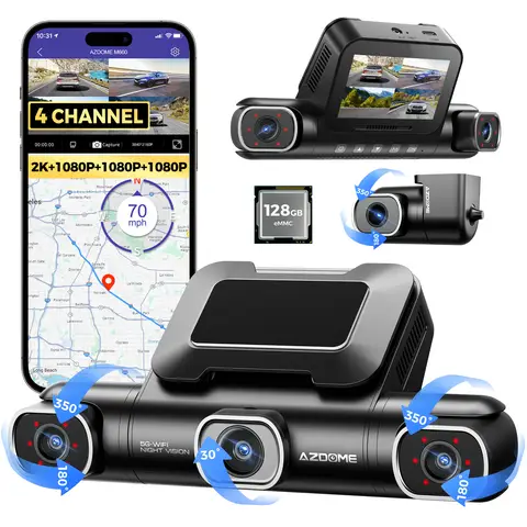 AZDOME 4 Channel 4K Dashcam Car 360 Degree with 128GB eMMC, 2.5K + 3 x 1080P Dashcam, 5G WiFi, Voice Control Dashcam Car Front Rear IR Night Vision, Parking Mode
