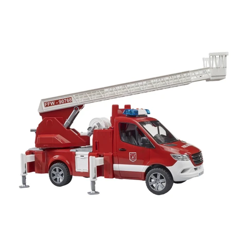 BRUDER 02673 - Mercedes-Benz Sprinter Feuerwehr mit Drehleiter, Pumpe und Light & Sound Modul - Maßstab 1:16, Feuerwehrfahrzeug für Kinder ab 4 Jahren