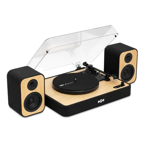House of Marley Pack platine vinyle Revolution + 2 haut-parleurs stéréos externes (2 x 8 watts), tourne-disque, lecteur vinyle 3 vitesses, matériaux recyclés, tourne-disque avec couvercle, installation facile