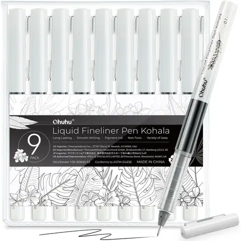 Ohuhu Kohala Liquid Fineliner Drawing Pens， Black， 9 Pack, New Year Sale , Top gift picks