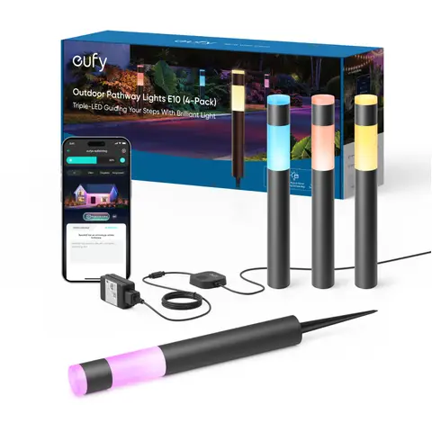 eufy Außen-Wegeleuchten E10, 4er-Pack, Smarte Verkabelte RGBWW LED Leuchten, IP65 wasserdich für Garten & Terrasse, Steuerbar mit Alexa & App, Endlose KI-Lichtthemen für Feste, Kamera-Integration