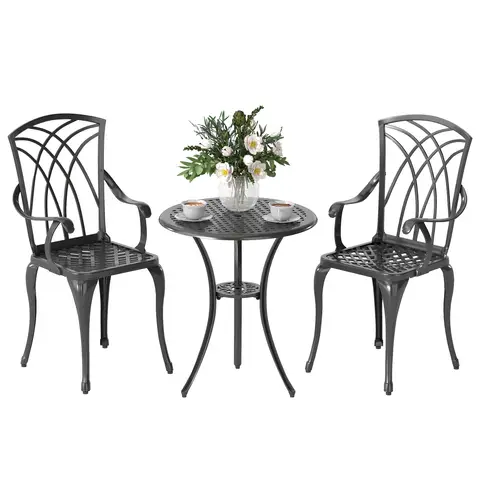 Outsunny 3 Pieces Garden Dining Set for 2, Cast Aluminium Outdoor Dining Set with 2 Armchairs and Round Dining Table with Parasol Hole, Garden Furniture Bistro Set, Brown