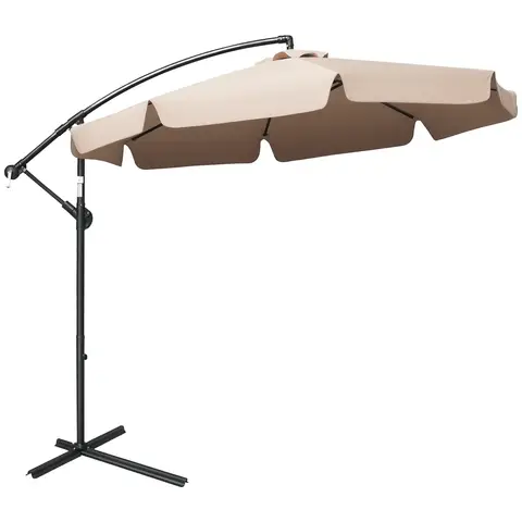 Outsunny 2.7m Garden Banana Parasol Cantilever Umbrella with Crank Handle and Cross Base for Outdoor, Light Brown