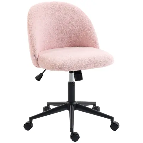 HOMCOM Computer Desk Chair, Teddy Fleece Swivel Office Chair with Height Adjustable, Wheels, High-Resilience Foam, Tilting Function, for Home Study Bedroom Makeup Vanity, Light Pink
