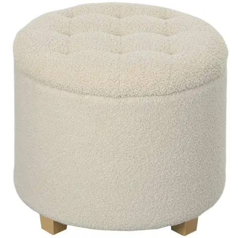 HOMCOM 45cm Round Storage Ottoman, Teddy Fleece Footstool with Removable Lid and Wood Legs, Button Tufted Vanity Stool Cream 