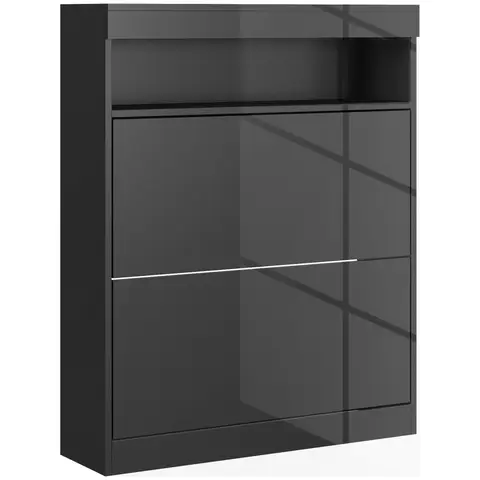 HOMCOM Narrow Shoe Cabinet, Wall Mounted or Freestanding Shoe Storage Cabinet with 2 Flip Drawers and Open Shelf Black