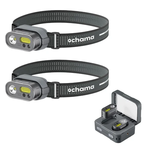 ochama MH1 Smart Multi-function Head Torch Set, 2 Headlamps, 1 Base, 1 Strap, 1 Type-C Charging Cable, 1 Charging Box Included, Smart Gesture Sensor Dimmable Light, Must-have for Outdoor Camping