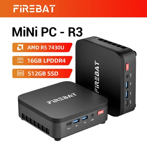 FIREBAT R3 Mini-PC: AMD Ryzen 5 7430U (6 Kerne/12 Threads), 16 GB LPDDR4 RAM, 512 GB SSD, unterstützt 4K-Dreifach-Display, Wi-Fi 6, Bluetooth 5.2 | Kompakter, leiser Desktop-PC, ideal für Heimbüros, den geschäftlichen Einsatz und zum Studieren