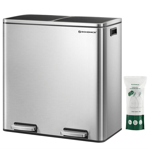 Dual Compartment Trash Can in Silver and Black